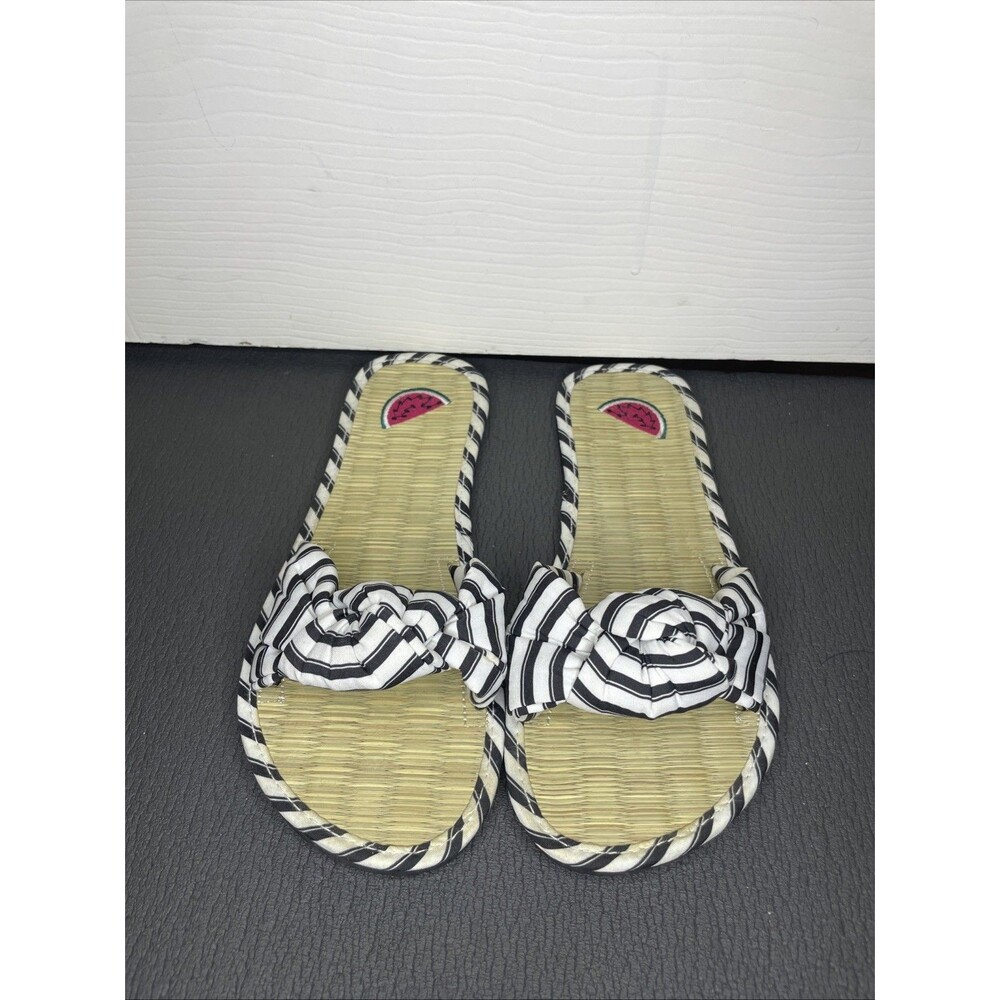 Size 7 Black And White Striped Bow Straw Slide Sandals Watermelon Embroidery